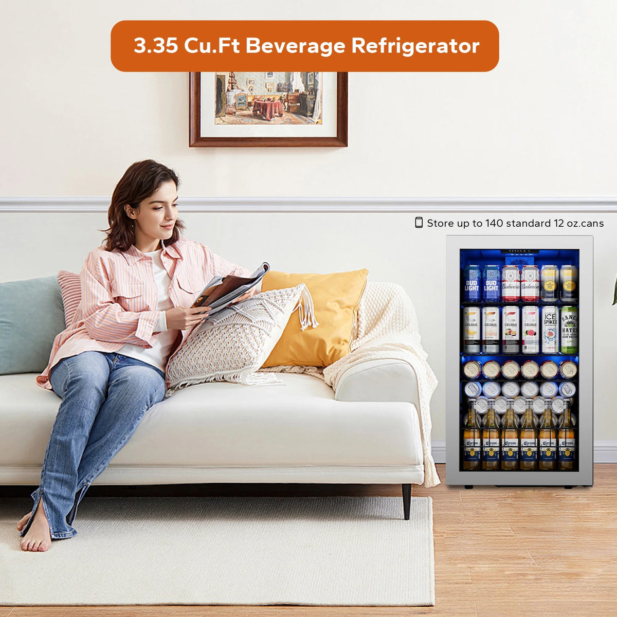 Beverage Refrigerator Cooler 102-140 Can Freestanding Mini Fridge with Glass Door F1949