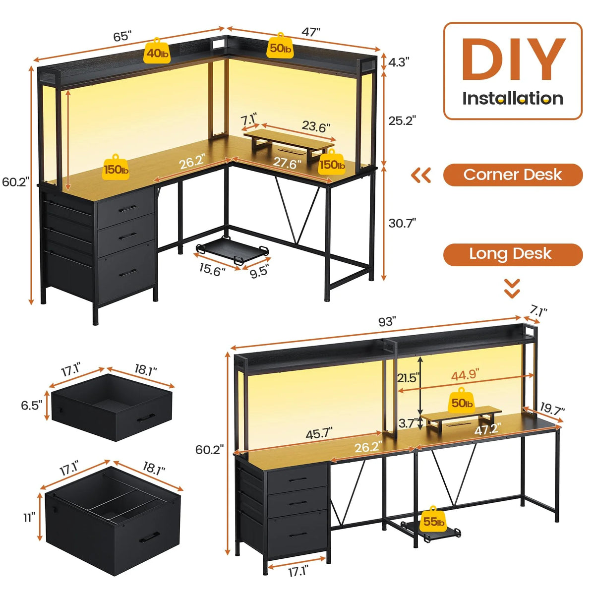 L Shaped Gaming Desk with Hutch and Drawers, Black E978