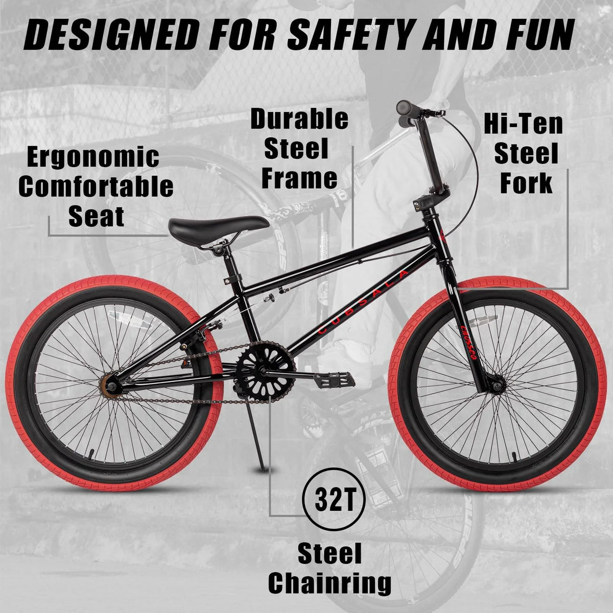 20 in Freestyle BMX Kids Bike Black with Red Tires D56320