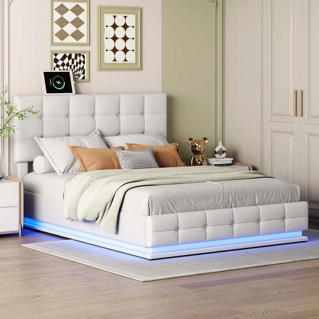 White Queen Size Tufted Upholstered Platform Bed with LED Lights and USB Charger P888980