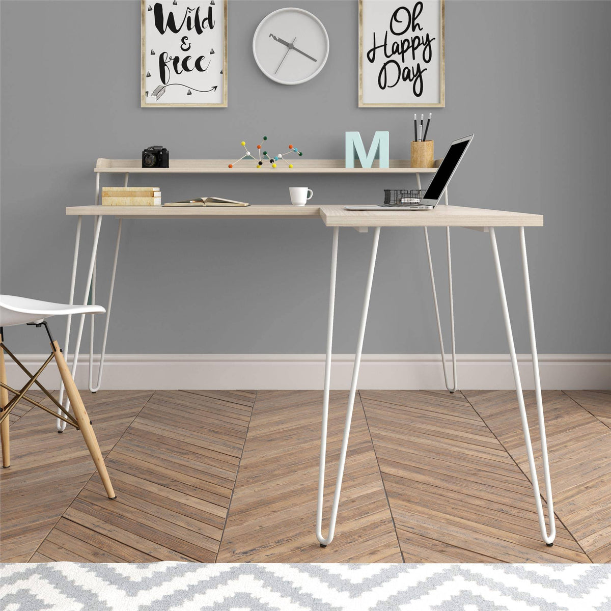 Natural/White L Desk with Riser C709