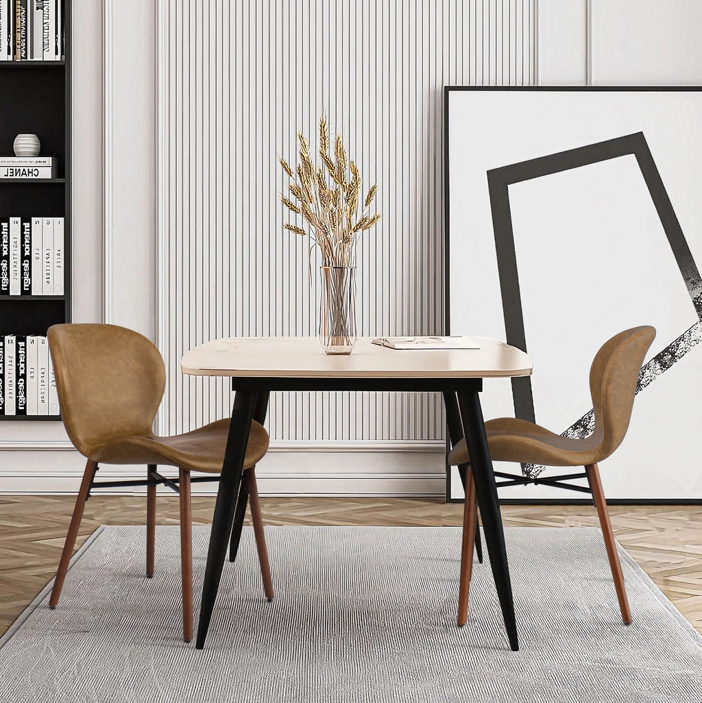 18" Mid Century Leather Dining Chairs, Wood Legged, Set of 2, Brown I484