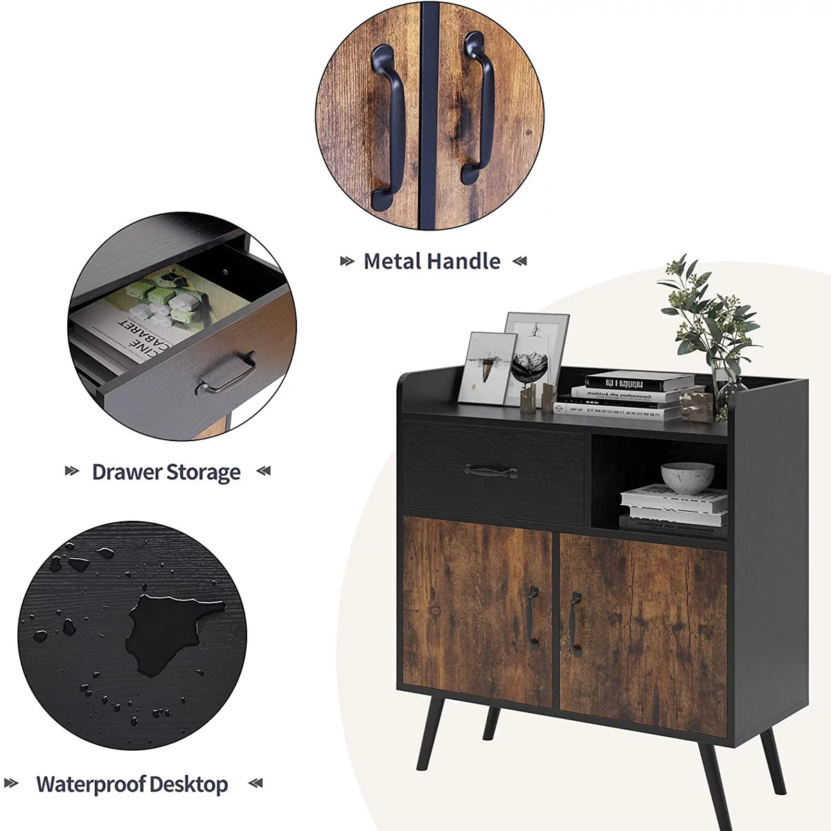 Black and Rustic Brown Wood Storage Cabinet with 1 Drawer K387446