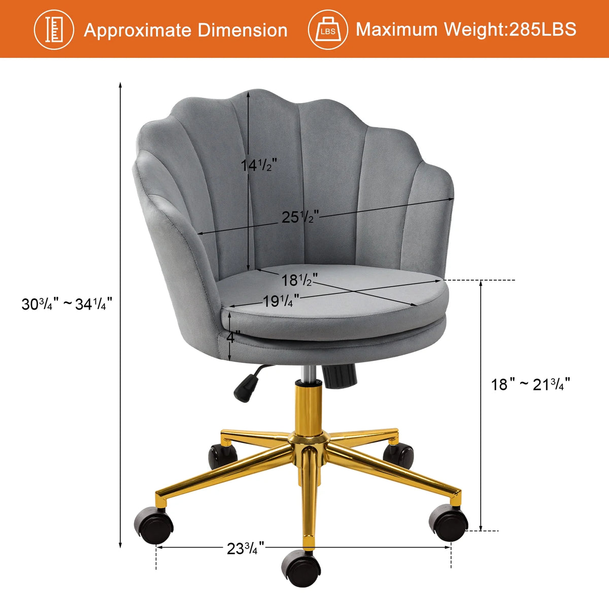 Grey Velvet Adjustable Swivel Office Chair K383807