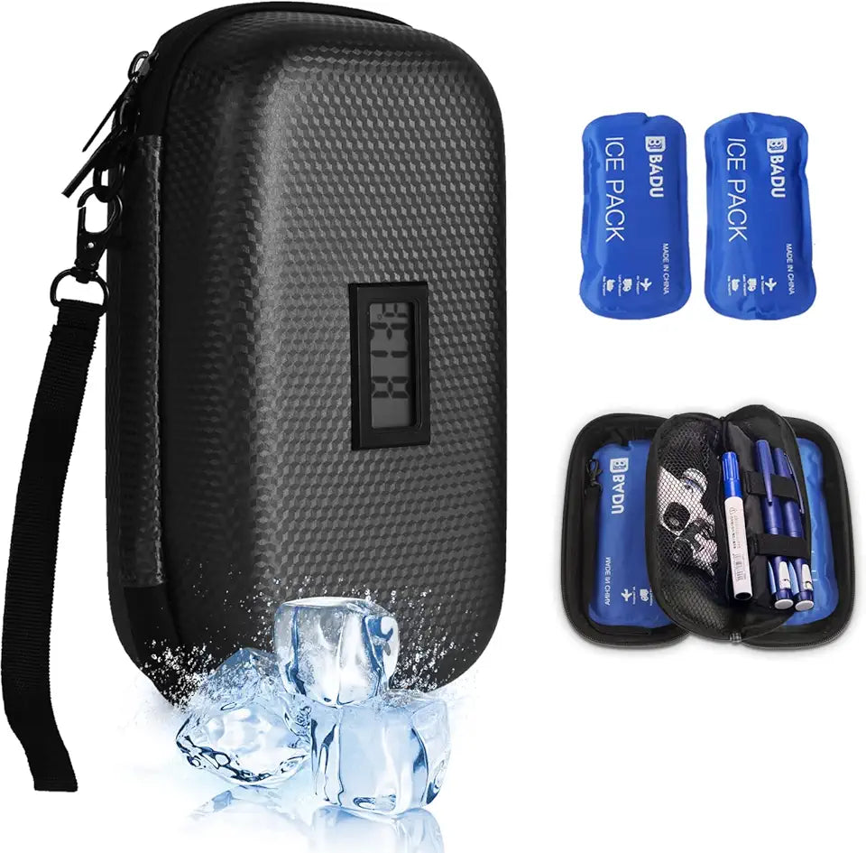 Black TSA Approved Insulin Cooler Travel Case with Thermometer and 2 Ice Pack H65144