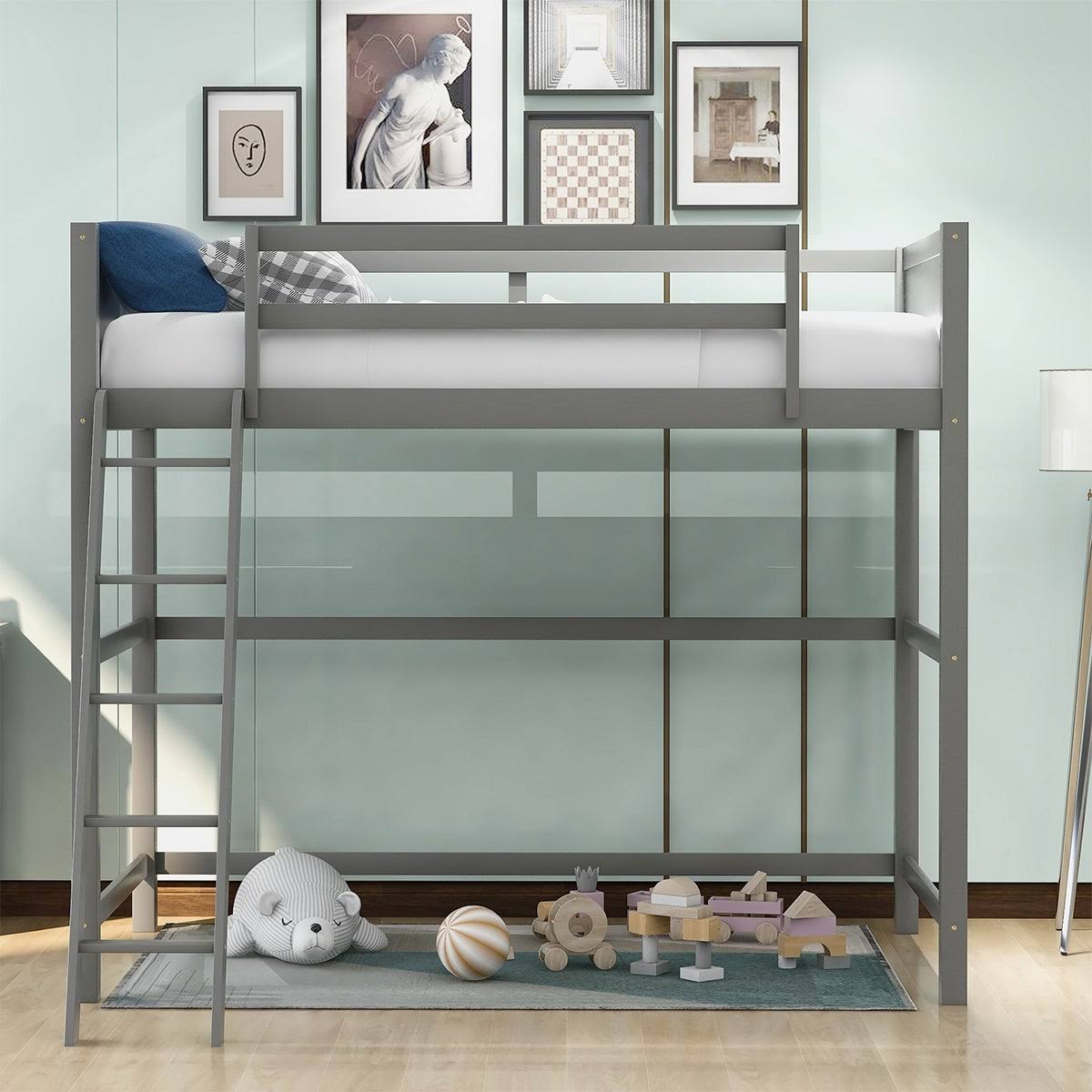 Grey Solid Wood Loft Bed with Angled Ladder Y506847