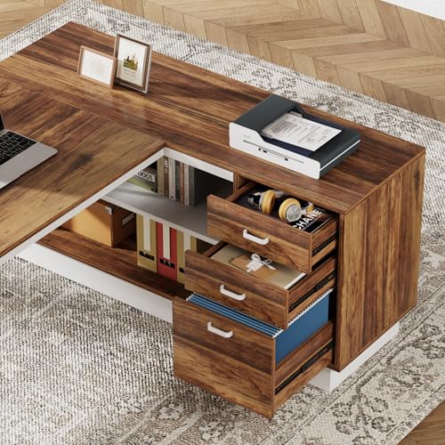 71-Inch L-Shaped Executive Desk with Cabinet and Drawers N1416