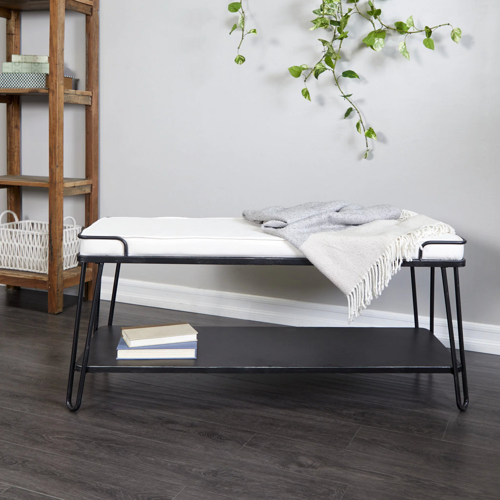 Metal Single Shelf Bench with White Upholstered Seat Q4537