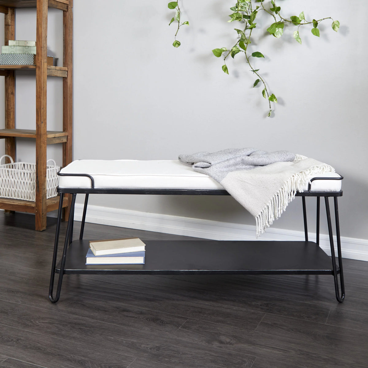 Metal Single Shelf Bench with White Upholstered Seat Q4537