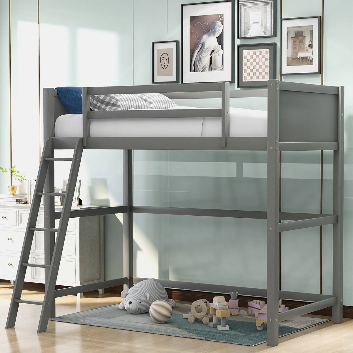 Grey Solid Wood Loft Bed with Angled Ladder Y506847