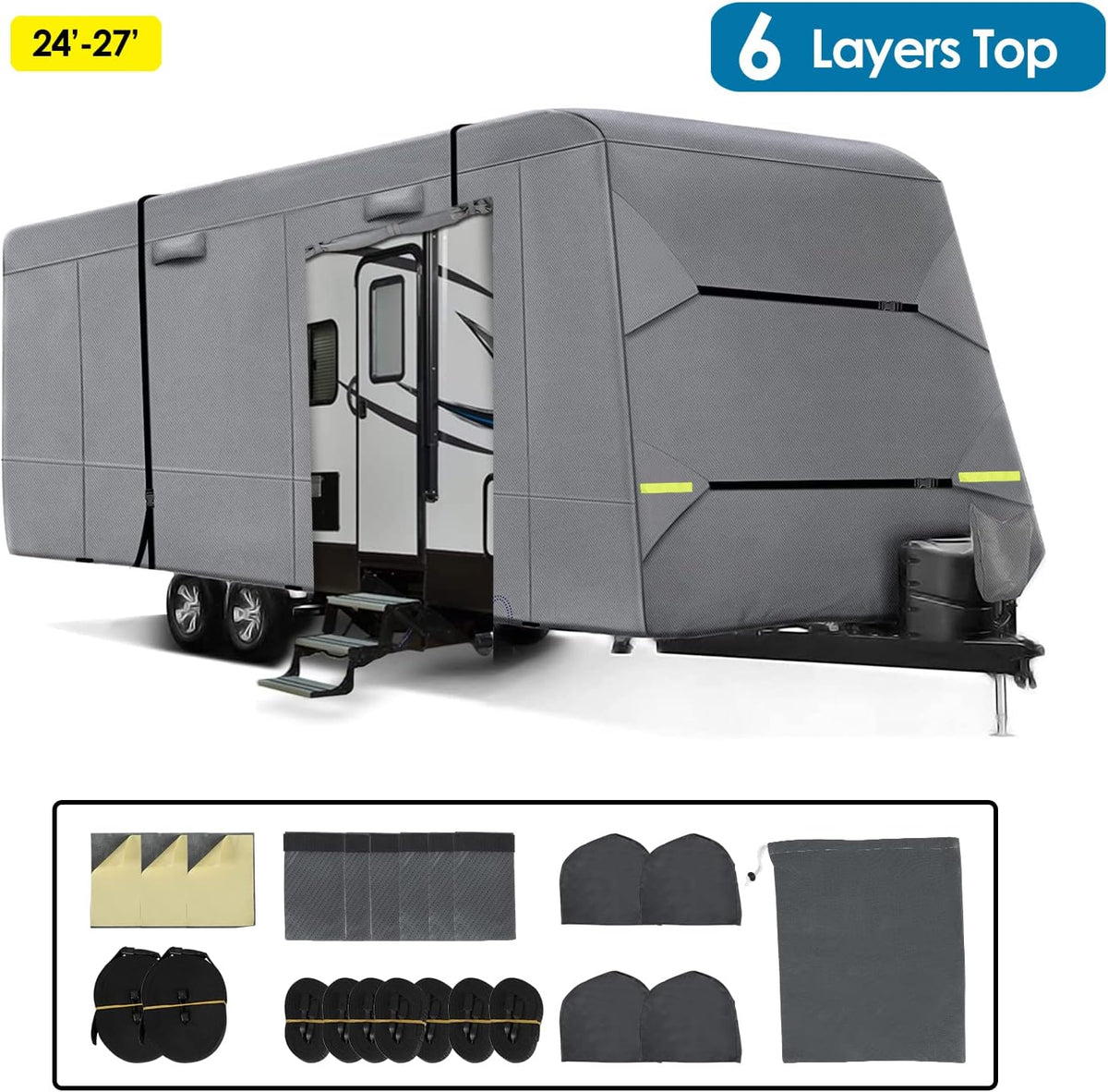 6 Layers RV Cover with Tie Cover & Gutter Cover & Tongue Jack Cover E591