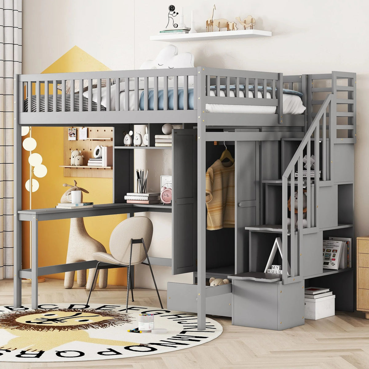 Full Size Wooden High Loft Bed with Desk Shelves Wardrobe N58725