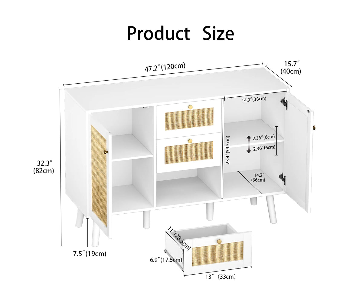 White Rattan Storage Cabinet with 2 Doors 3 Drawers Y6463