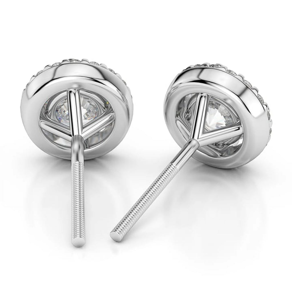18K White Gold Diamond Halo Stud Earrings Screw-Back F33340