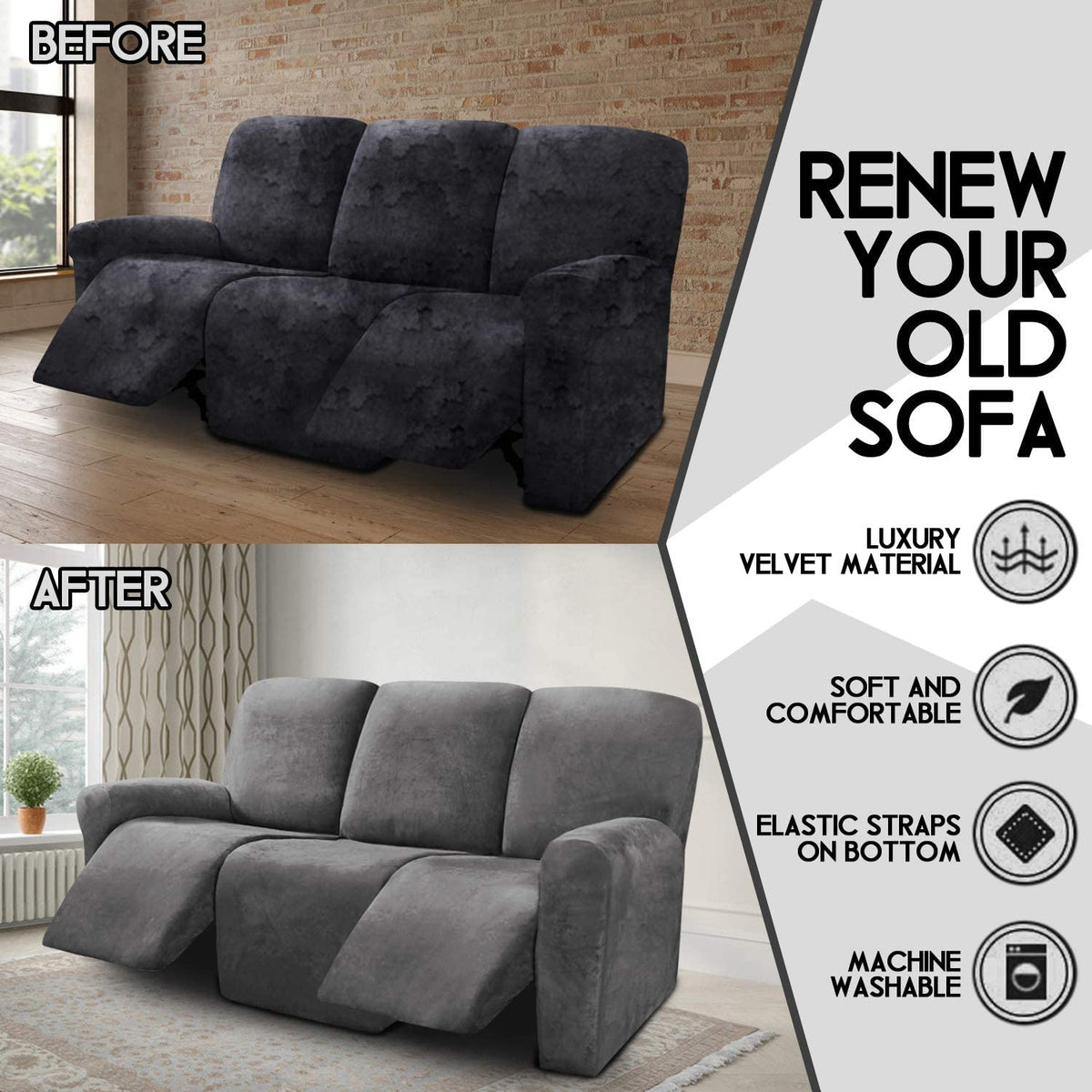Velvet Sofa Cover 3-Seater Set of 8 X64783