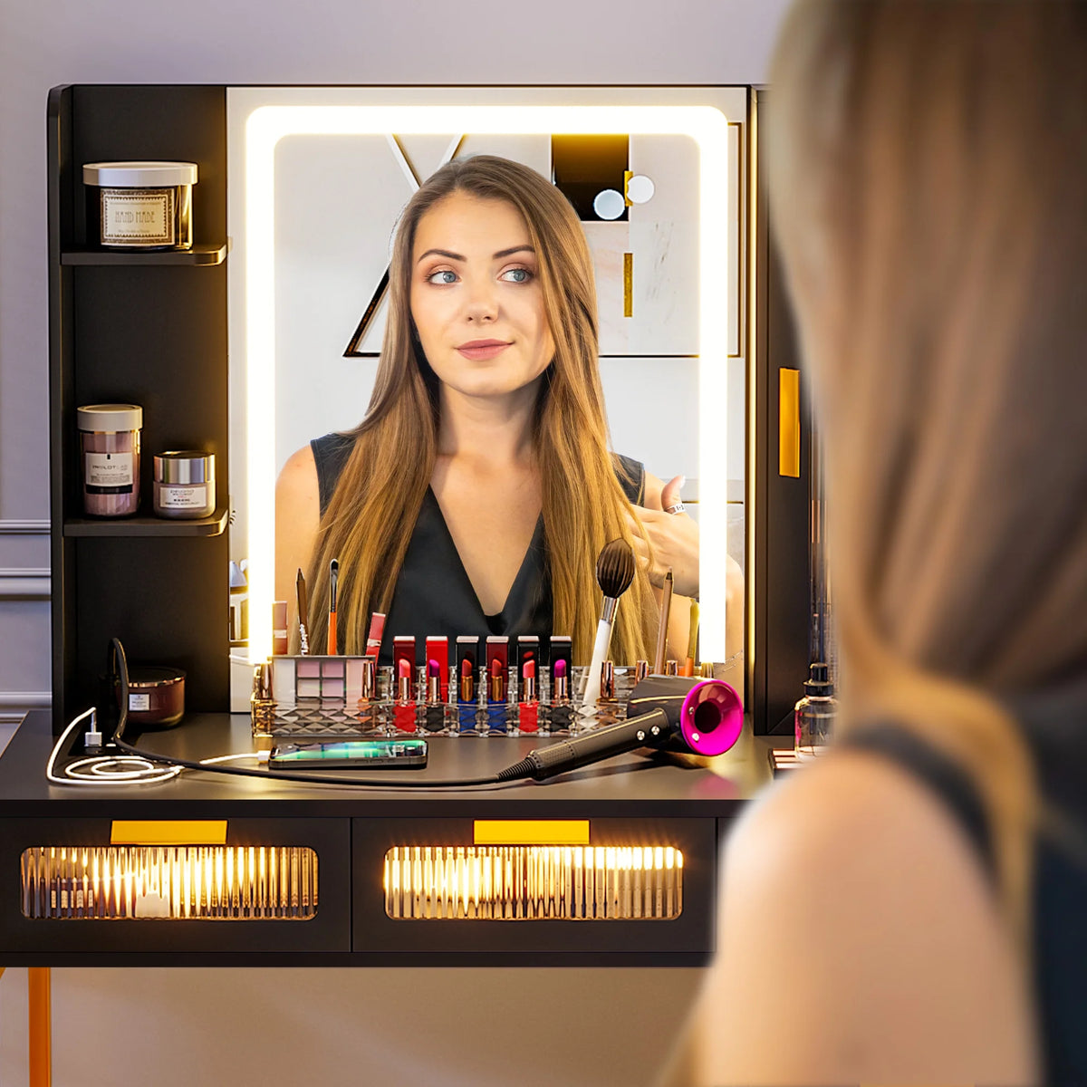 Makeup Vanity Table Set with LED Mirror and 6 Drawers Q738