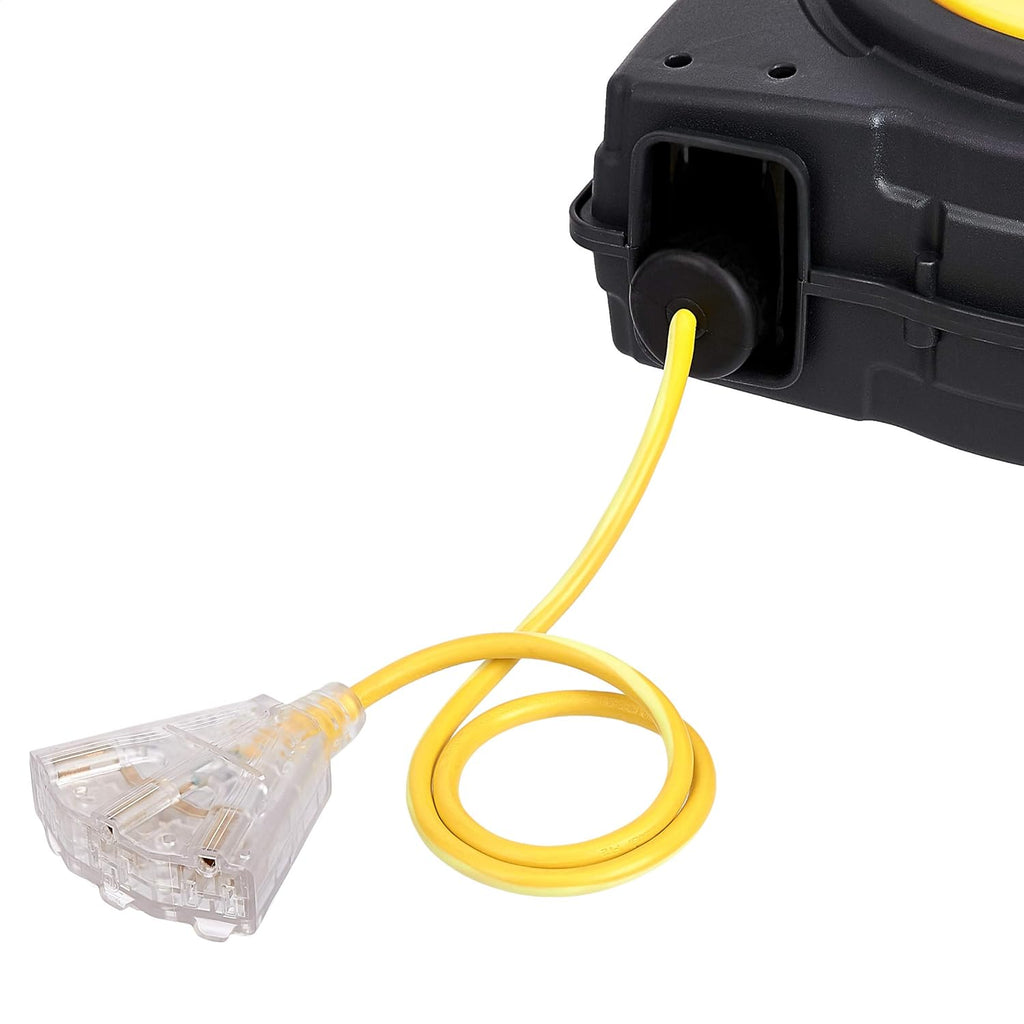 Retractable Heavy Duty 16AWG x 50' Extension Cord Reel with Glow Strip Cable and LED Light-Up Triple Tap Connector P45757