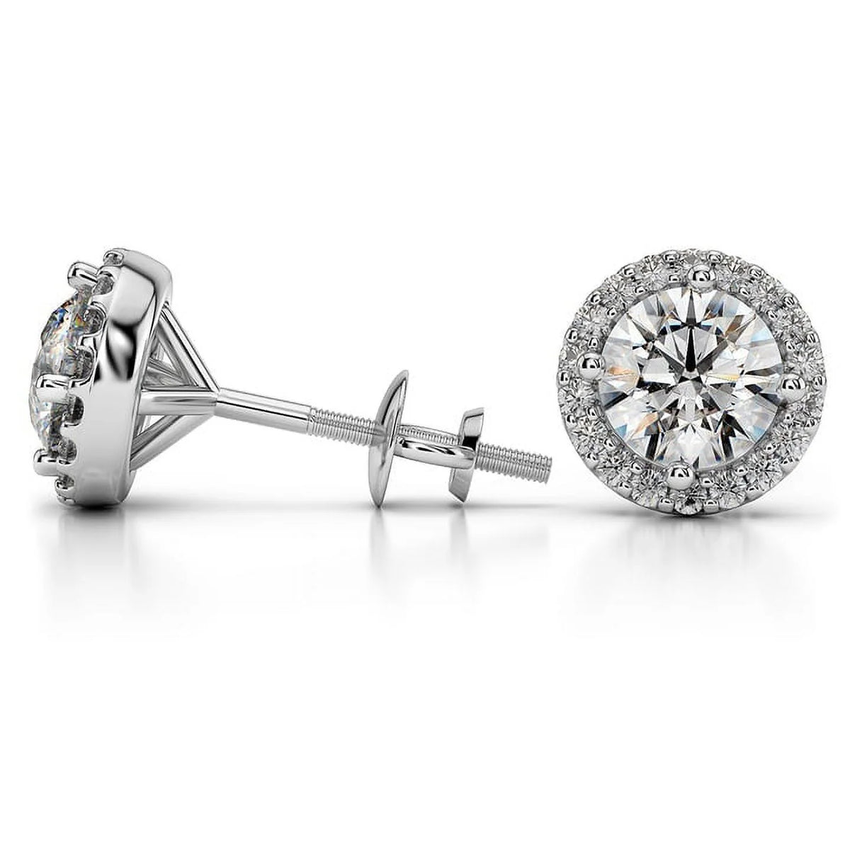 18K White Gold Diamond Halo Stud Earrings Screw-Back F33340