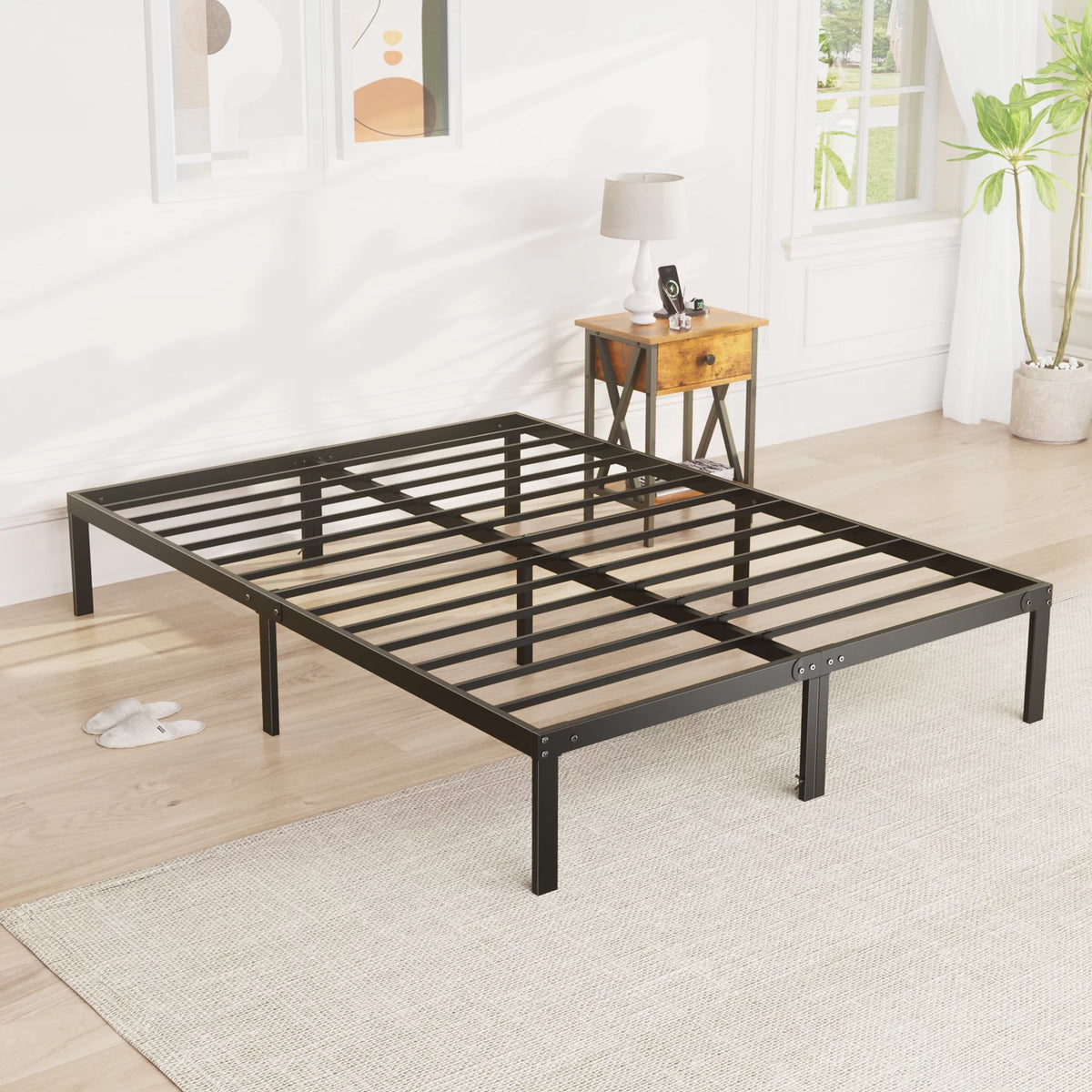 Queen Platform Bed Frame with Storage and Steel Slat Support K771998