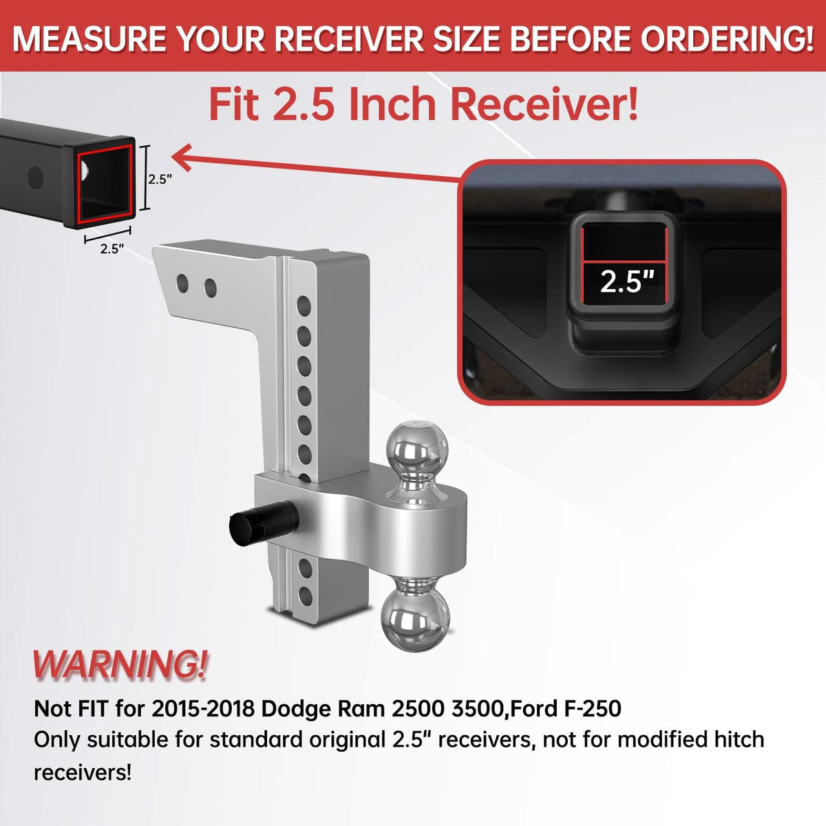 Adjustable Trailer Hitch Ball Mount, 10 Inch Drop, 2.5 Inch Receiver, 18,500 LBS GTW, Forged Aluminum Shank, 2 Inch & 2-5/16 Inch Dual Balls M259244