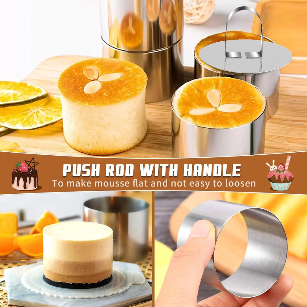 6pcs Stainless Steel Cake Ring Mold Set, 4 Rings, 2 Pusher, Round Z78712
