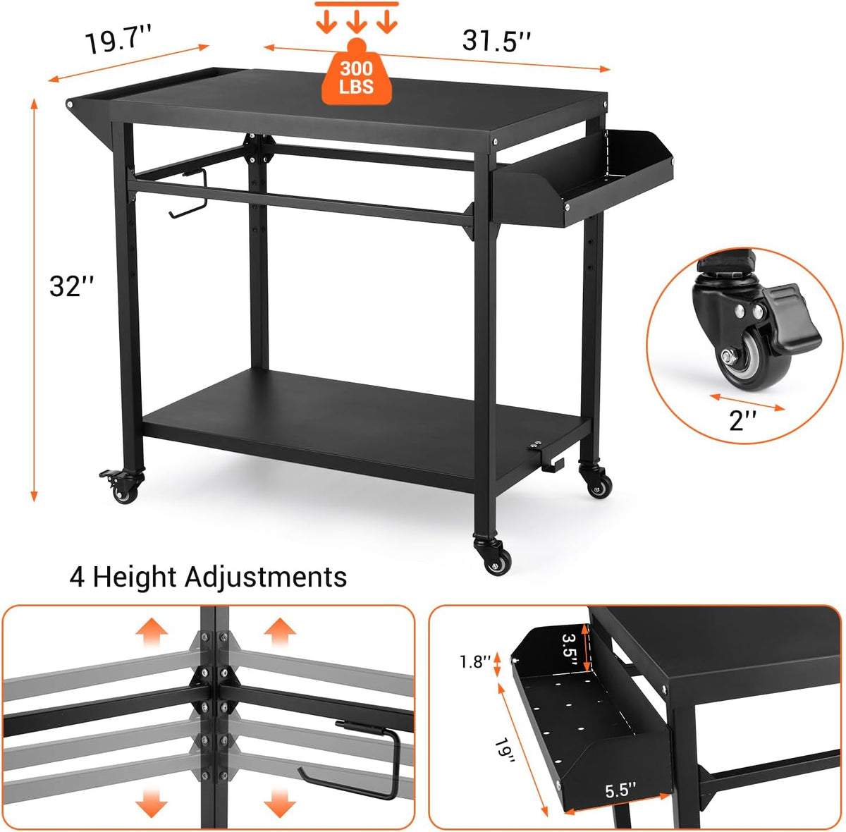 Black Outdoor Grill Cart with Lockable Wheels R591