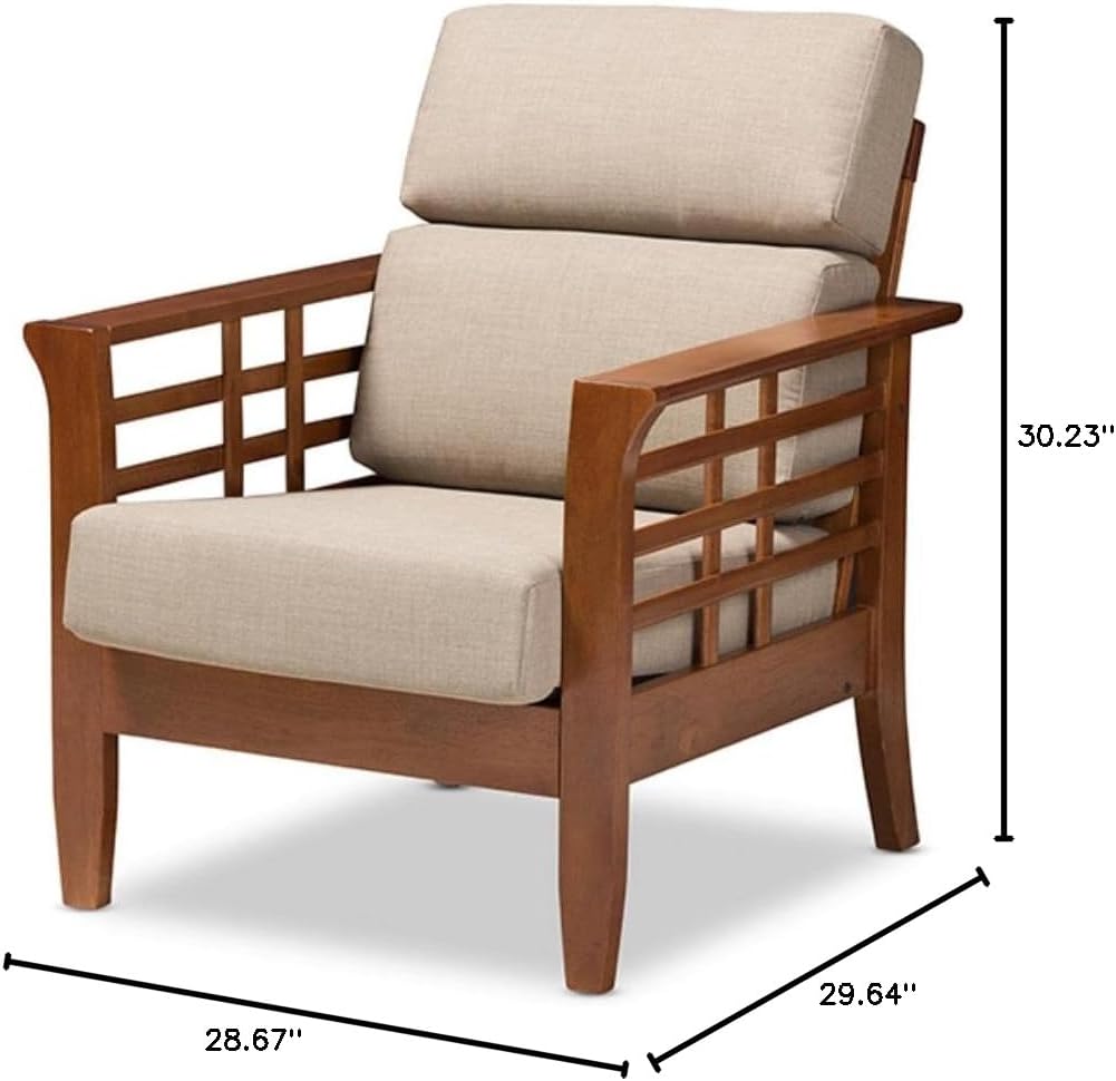 Cherry Finished Brown Wood and Dark Beige Fabric High Back 1-Seater Lounge Chair M75007