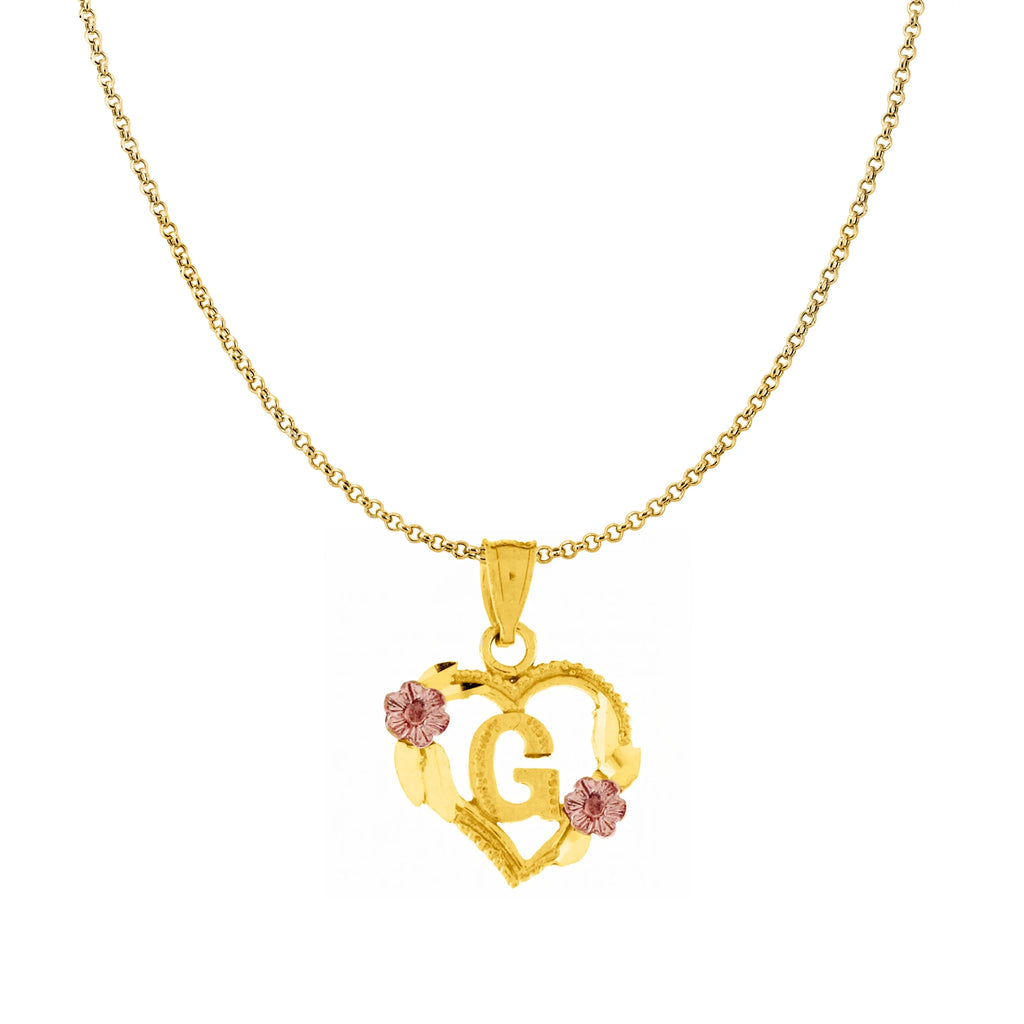 14K Two-Tone Gold Flower and Heart-Shaped Initial Pendant with 16" Chain Necklace Z617
