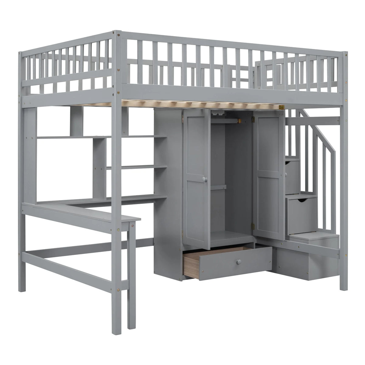 Full Size Wooden High Loft Bed with Desk Shelves Wardrobe N58725
