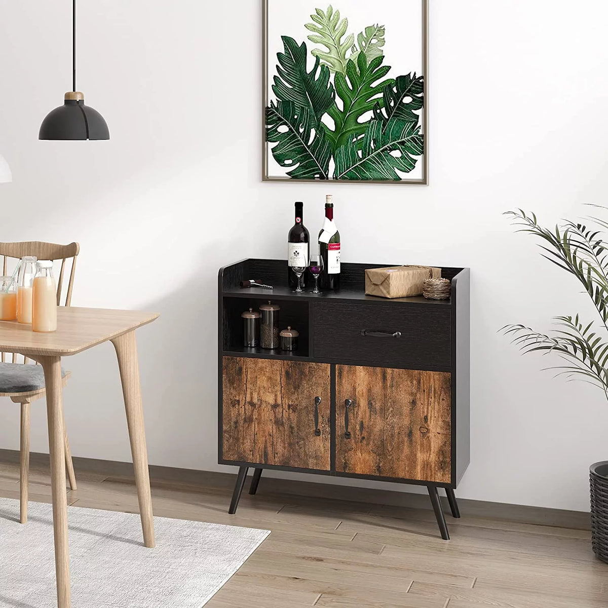 Black and Rustic Brown Wood Storage Cabinet with 1 Drawer K387446