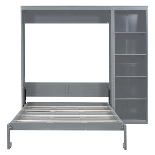 Queen Murphy Bed with Storage Bookcase Shelves, Wood Folding Grey Murphy Wall Bed Cabinet B806