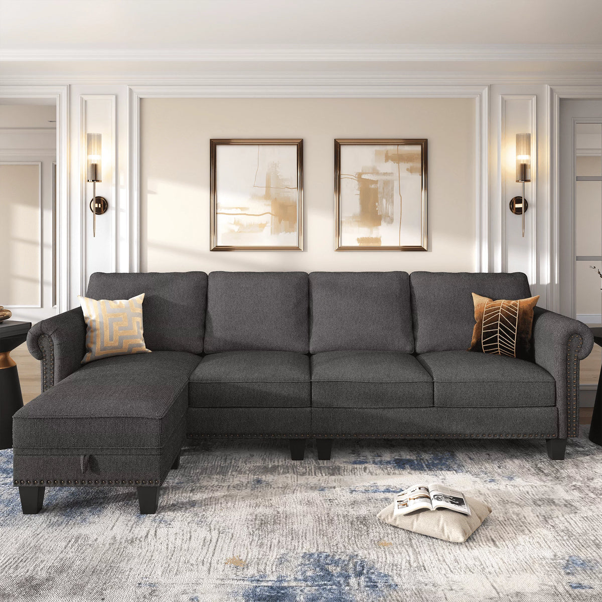 Dark Gray L-Shaped Sectional Sofa with Storage Ottoman E45708