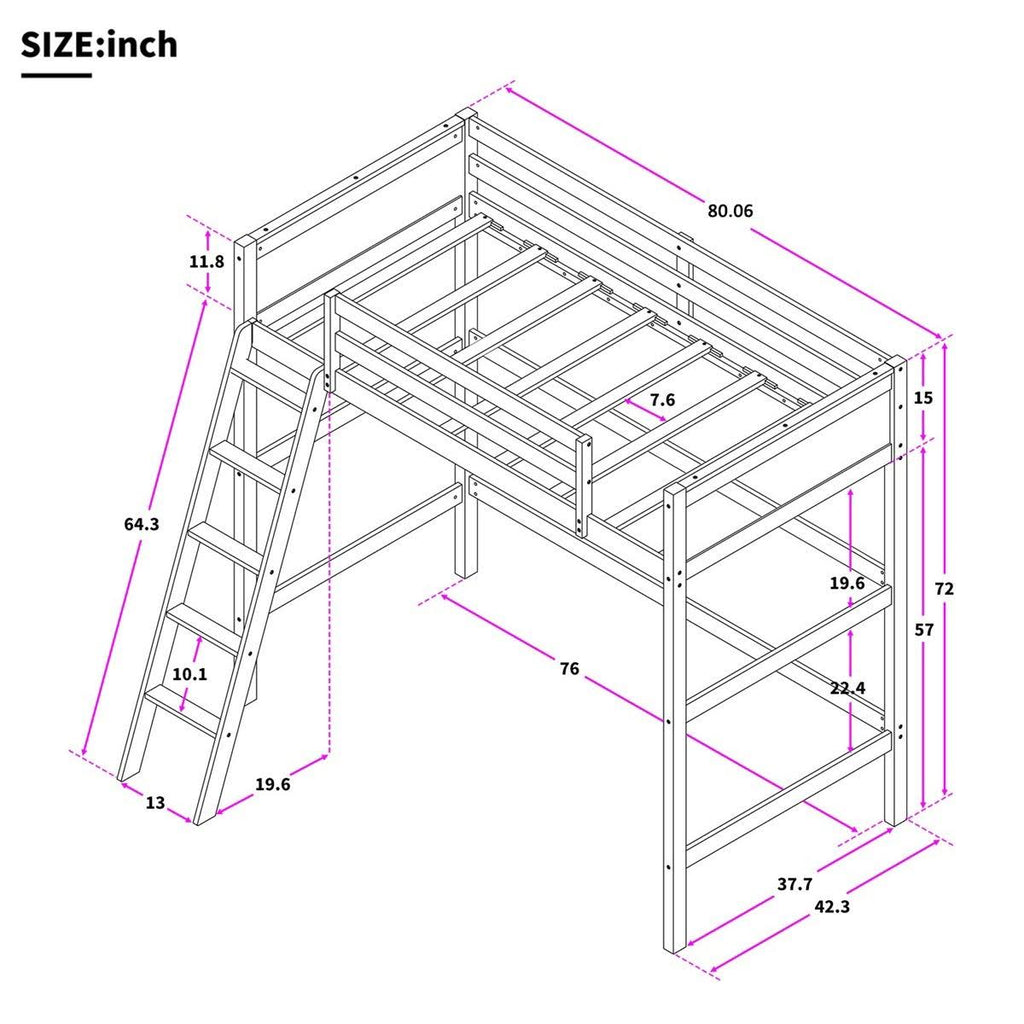 Grey Solid Wood Loft Bed with Angled Ladder Y506847