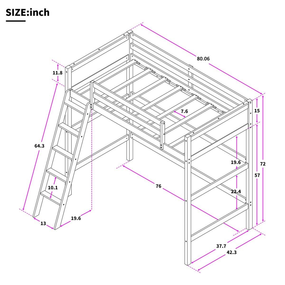 Grey Solid Wood Loft Bed with Angled Ladder Y506847