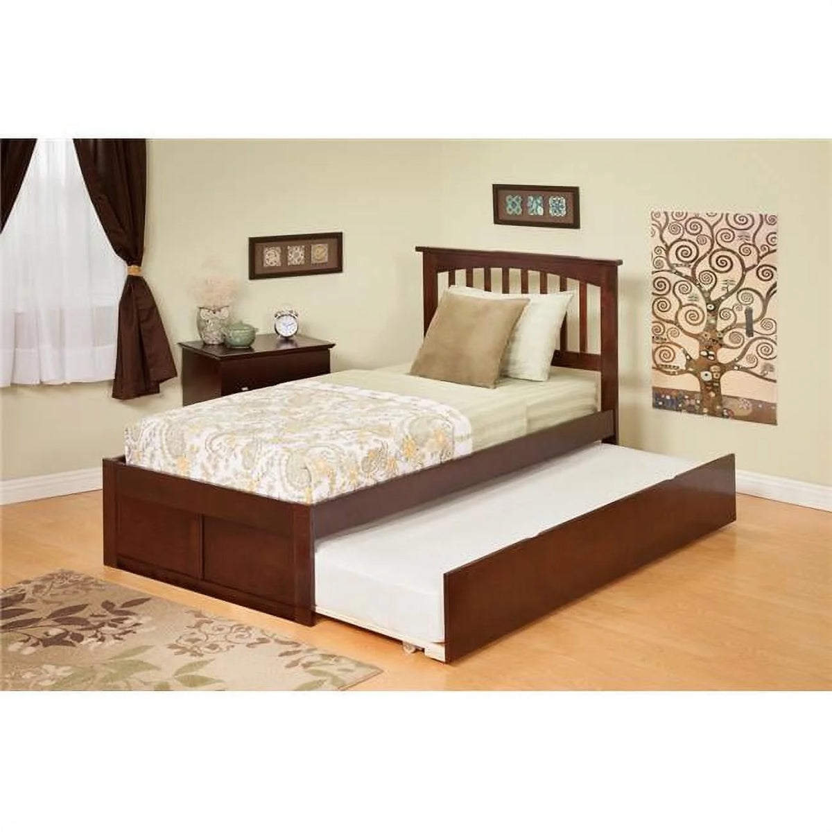 Twin Bed with Flat Panel Footboard and Trundle Antique Walnut O514571