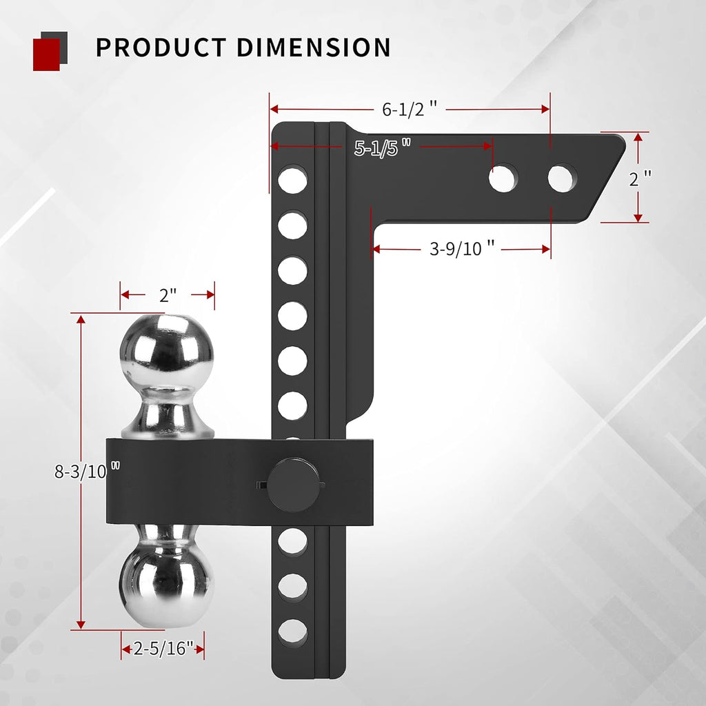 Adjustable Trailer Hitch Ball Mount, 2-Inch Receiver, 10-Inch Drop, Forged Aluminum Shank, 2-Inch and 2-5/16-Inch Combo Stainless Steel Tow Balls, Black Z4106