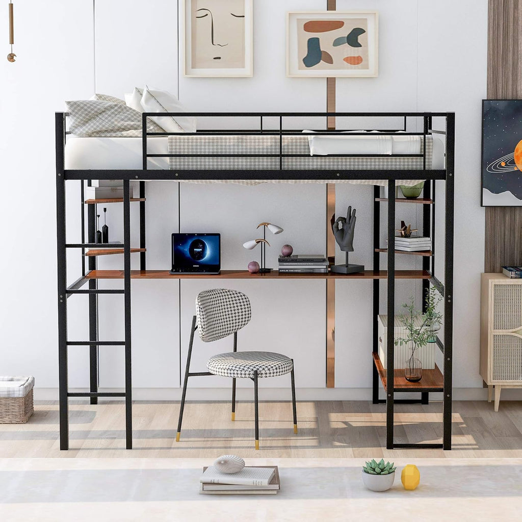 Twin Size Low Loft Bed with Slide, Storage Staircase, Safety Guardrails, Solid Pine Wood Bedframe, White F98576