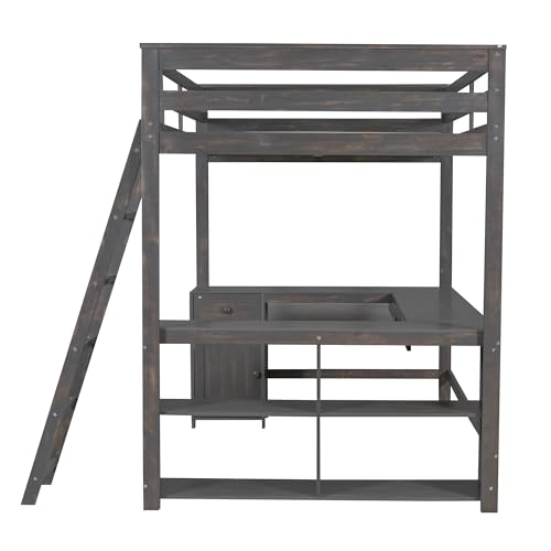 Full Size Solid Wood Loft Bed with Desk and Storage Drawers (White) E5788