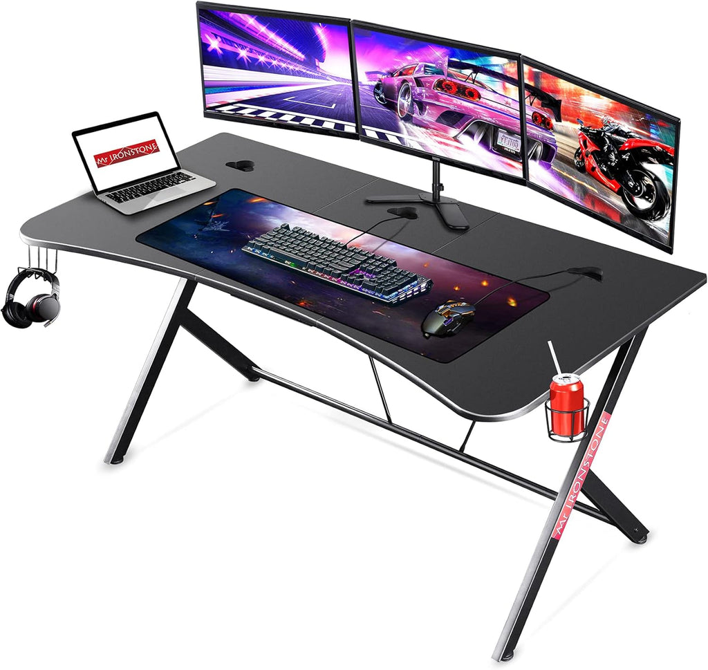 Large Black Gaming Desk with Cup Holder and Headphone Hook T865482