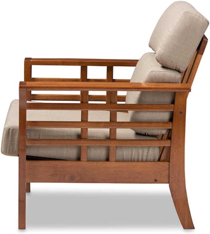Cherry Finished Brown Wood and Dark Beige Fabric High Back 1-Seater Lounge Chair M75007