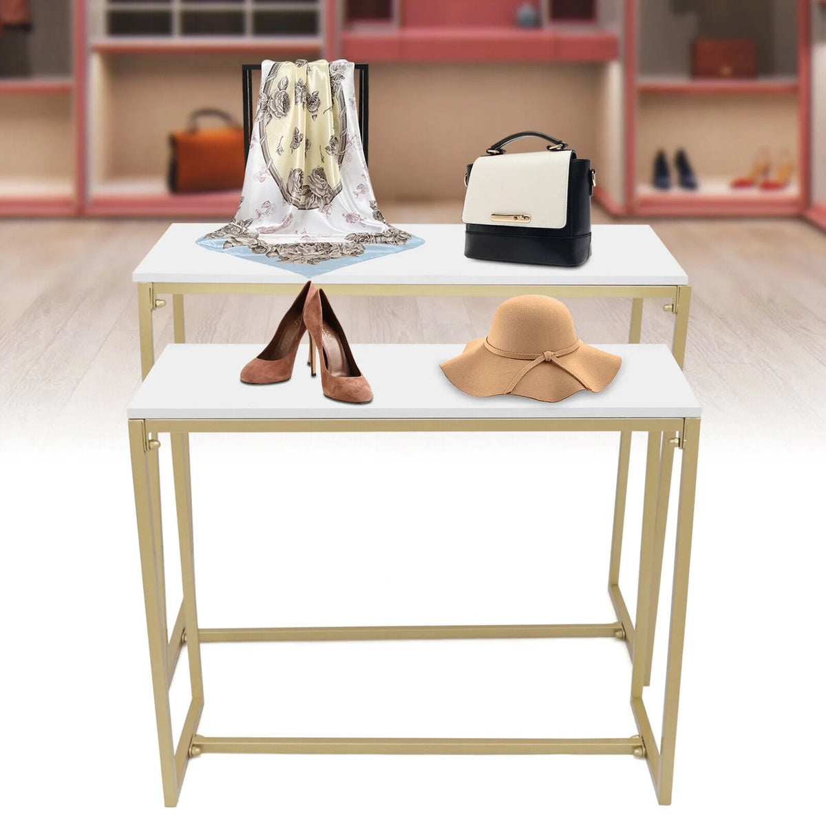 Gold Metal Nesting Tables Display Stand 2 Piece Set D618