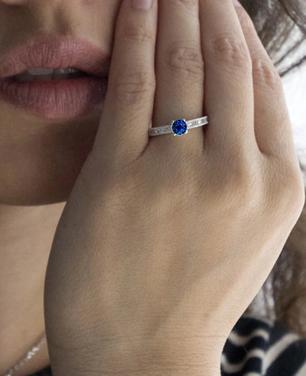 1.5 Carat Round Cut Blue Sapphire And Diamond Moissanite Engagement Ring On 10K White Gold U2692