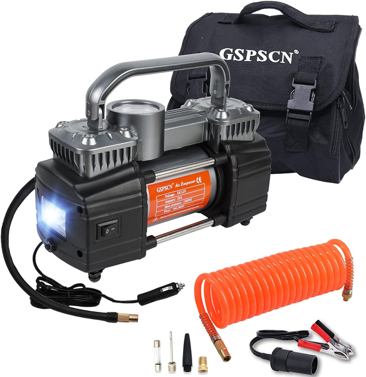 Silver Dual Cylinder 12V Portable Air Compressor Pump 150PSI with LED Work Lights U811627