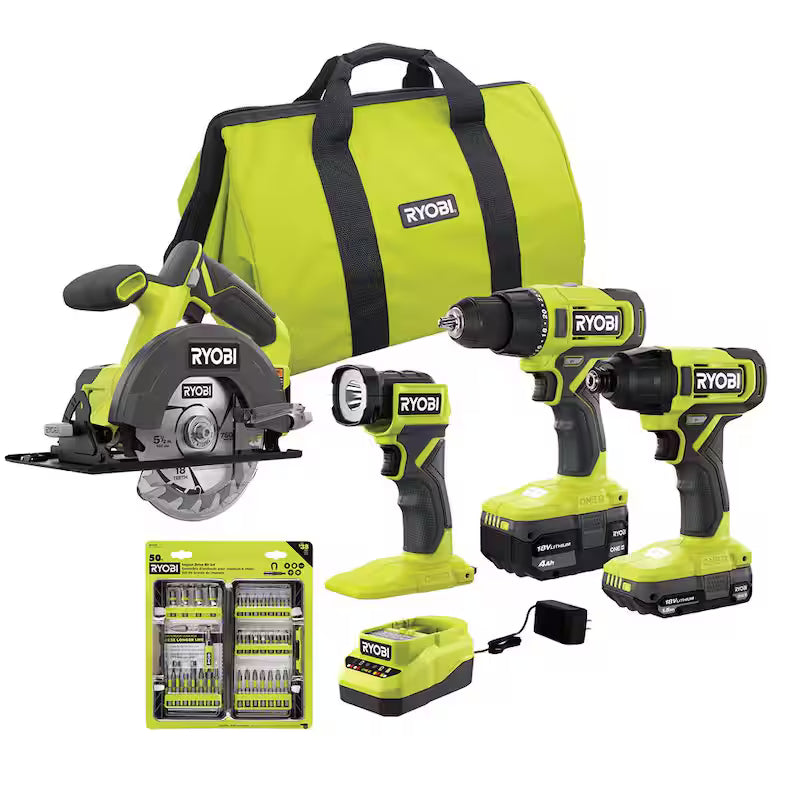18V Cordless 4-Tool Combo Kit with Batteries, Charger, and 50-Piece Driving Kit A29052