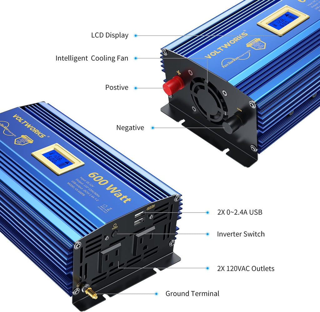 600 Watts Pure Sine Wave Power Inverter DC 12V to AC 110V 120V with USB Port & LCD Display G6110