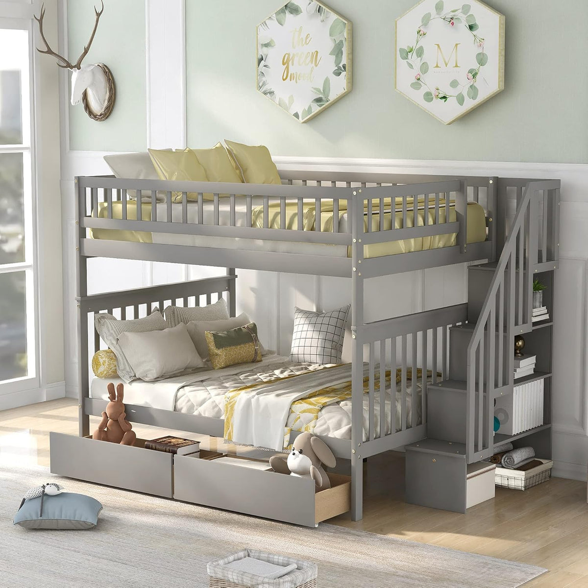 Twin Over Full Solid Wood Bunk Bed with Slide and Drawers C2852