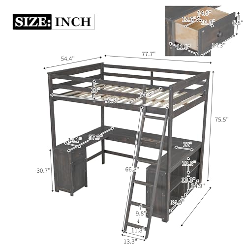 Full Size Solid Wood Loft Bed with Desk and Storage Drawers (White) E5788