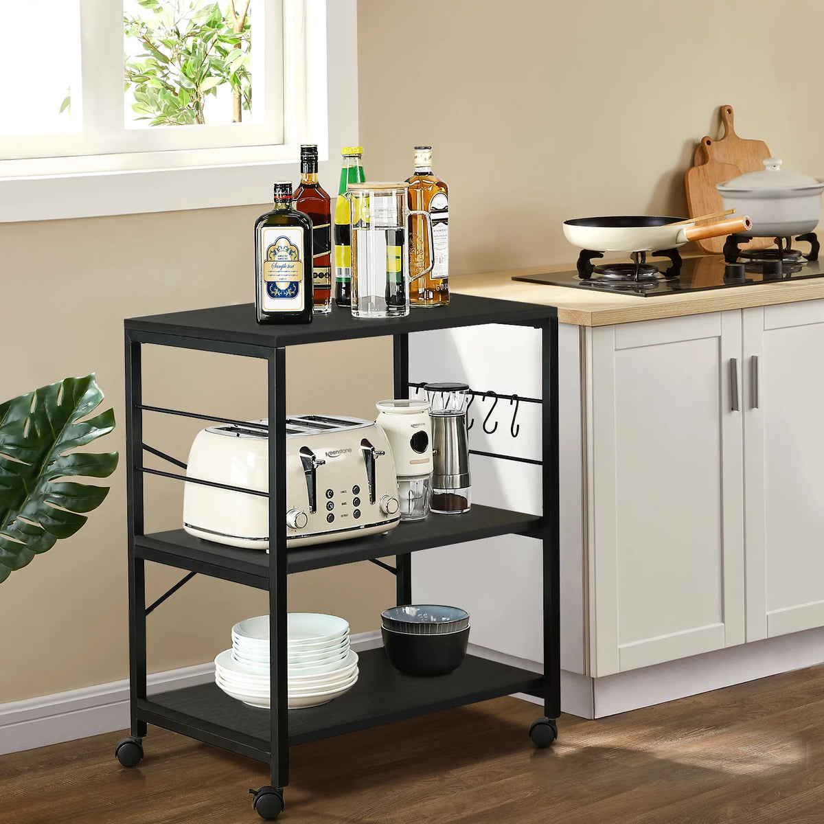 3-Tier Rolling Kitchen Utility Cart with 5 Hooks M490
