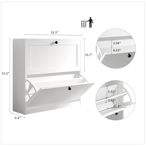 White Shoe Cabinet with 2 Flip Drawers and Adjustable Shelf Q2191