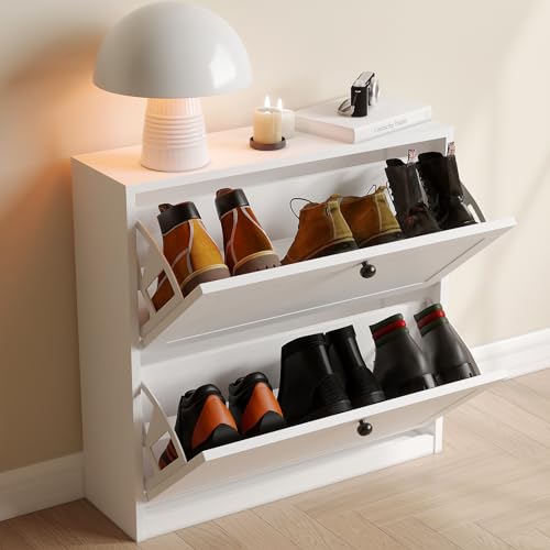 White Shoe Cabinet with 2 Flip Drawers and Adjustable Shelf Q2191